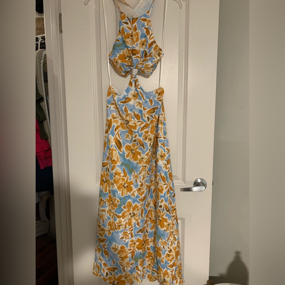 Midi Blue Floral Maxi Cutout Dress